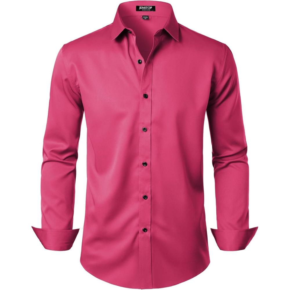 imageJEMITOP Mens Stretch Wrinkle Free Dress Shirt Formal Prom Wedding Long Sleeve Button Down ShirtsHot Pink