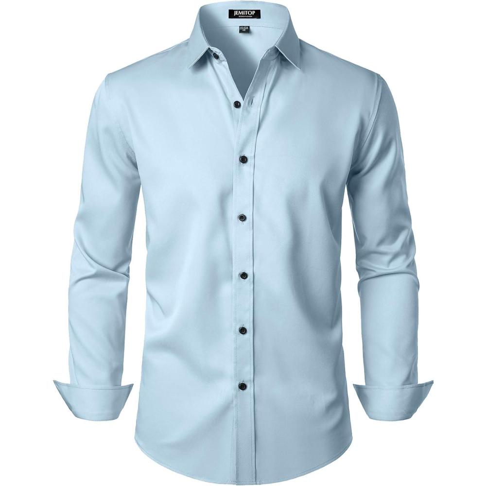 imageJEMITOP Mens Stretch Wrinkle Free Dress Shirt Formal Prom Wedding Long Sleeve Button Down ShirtsLight Blue