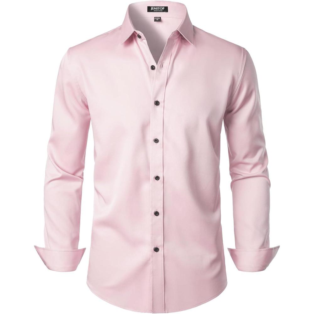 imageJEMITOP Mens Stretch Wrinkle Free Dress Shirt Formal Prom Wedding Long Sleeve Button Down ShirtsPink