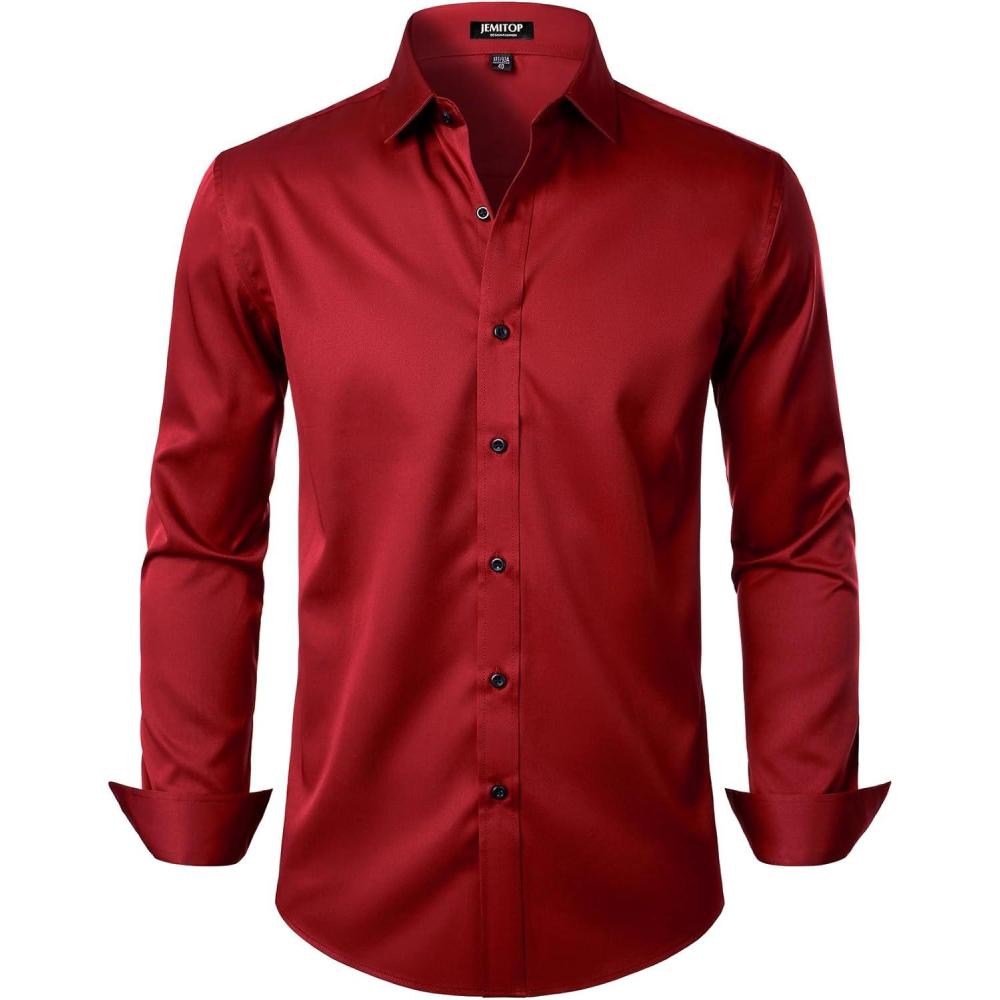 imageJEMITOP Mens Stretch Wrinkle Free Dress Shirt Formal Prom Wedding Long Sleeve Button Down ShirtsRed