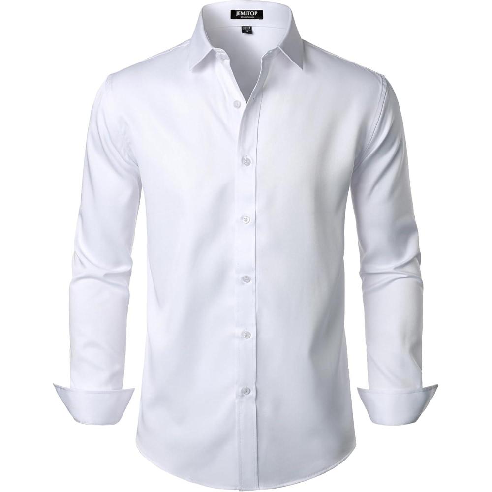 imageJEMITOP Mens Stretch Wrinkle Free Dress Shirt Formal Prom Wedding Long Sleeve Button Down ShirtsSolid White