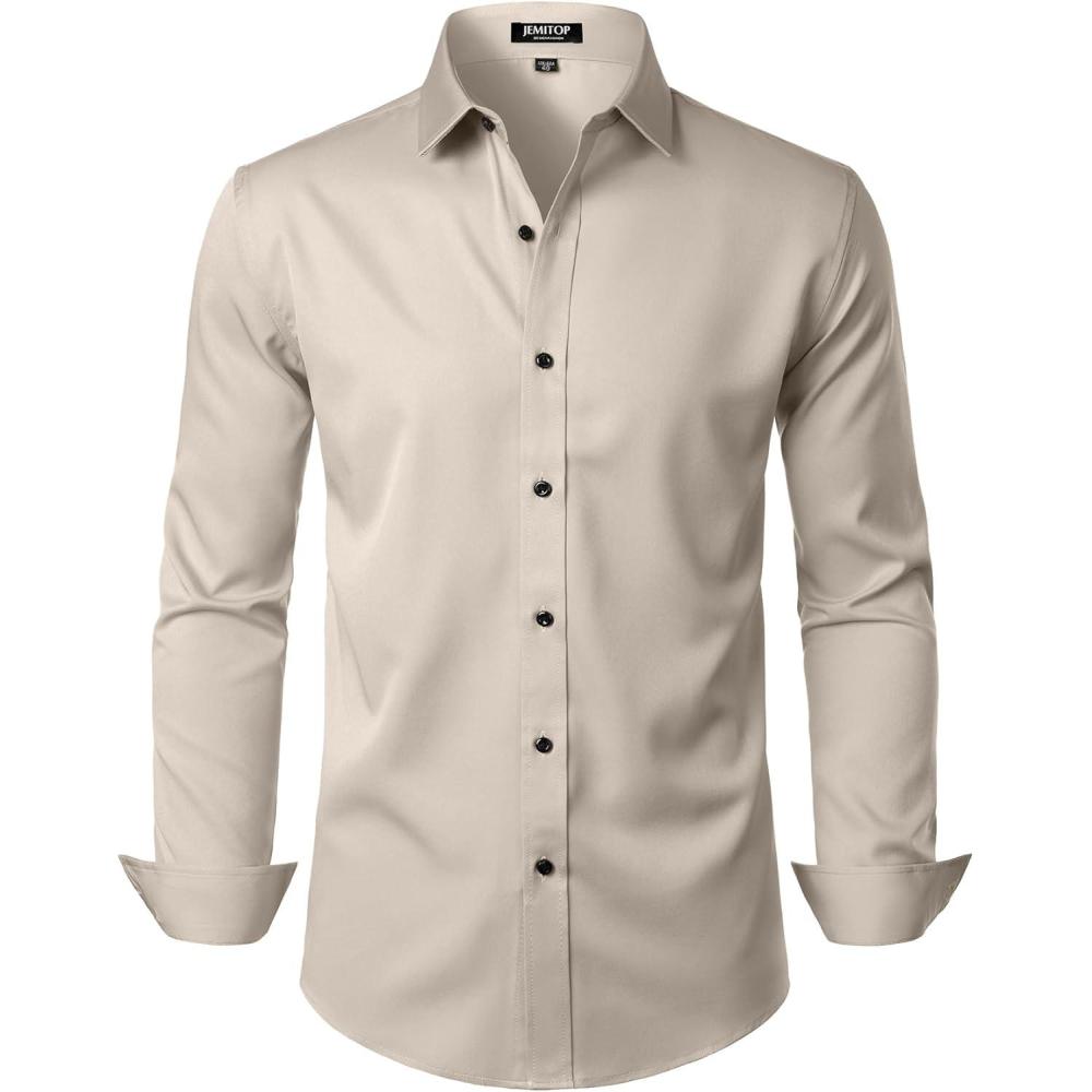 imageJEMITOP Mens Stretch Wrinkle Free Dress Shirt Formal Prom Wedding Long Sleeve Button Down ShirtsTan