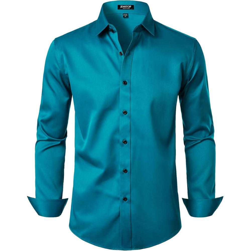 imageJEMITOP Mens Stretch Wrinkle Free Dress Shirt Formal Prom Wedding Long Sleeve Button Down ShirtsTeal