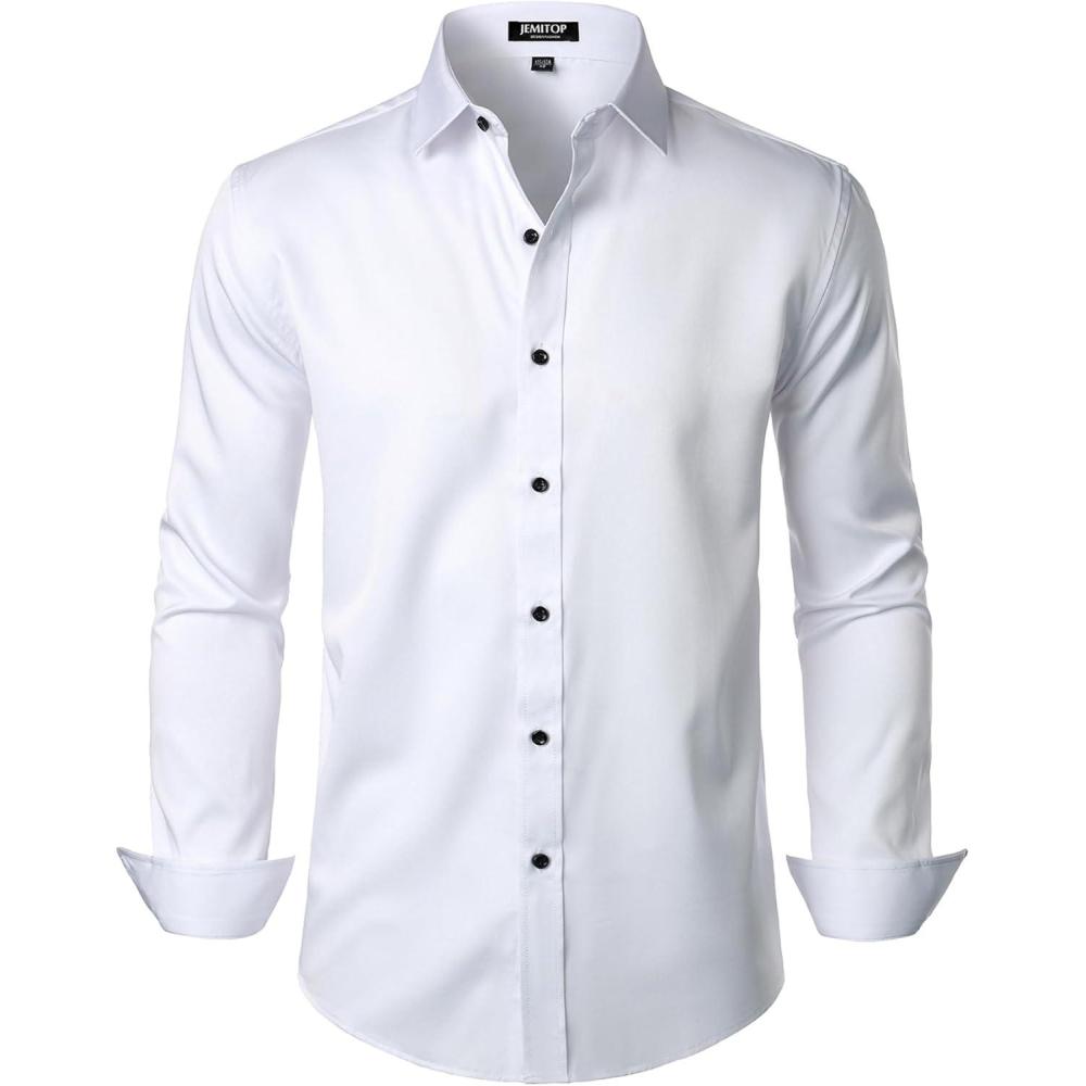 imageJEMITOP Mens Stretch Wrinkle Free Dress Shirt Formal Prom Wedding Long Sleeve Button Down ShirtsWhite