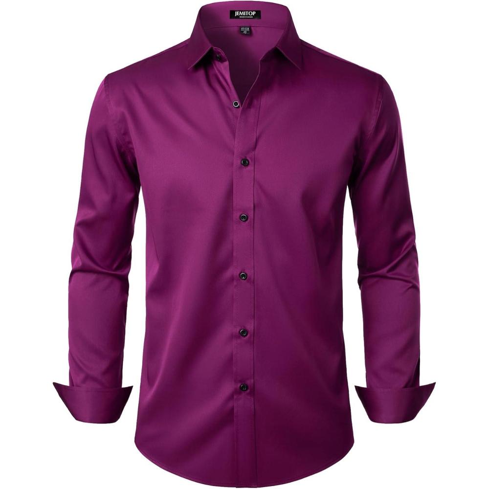 imageJEMITOP Mens Stretch Wrinkle Free Dress Shirt Formal Prom Wedding Long Sleeve Button Down ShirtsWine Red