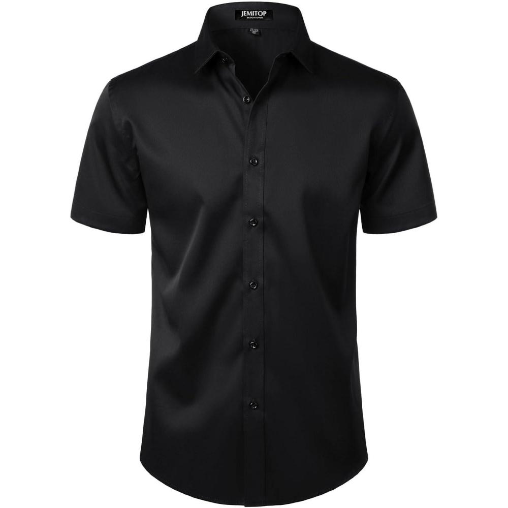 imageJEMITOP Mens Stretch Wrinkle Free Dress Shirts Formal Wedding Prom Short Sleeve Slim Fit Button Down ShirtBlack