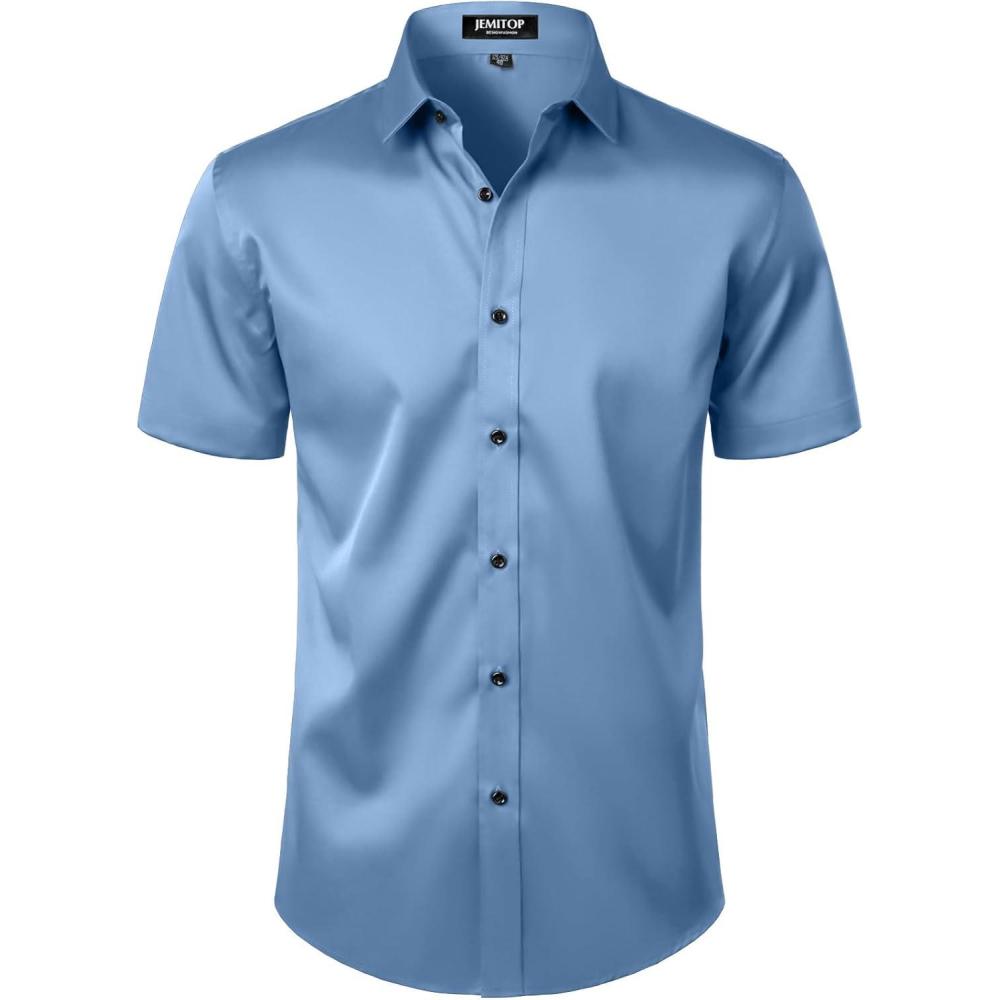imageJEMITOP Mens Stretch Wrinkle Free Dress Shirts Formal Wedding Prom Short Sleeve Slim Fit Button Down ShirtClassic Blue