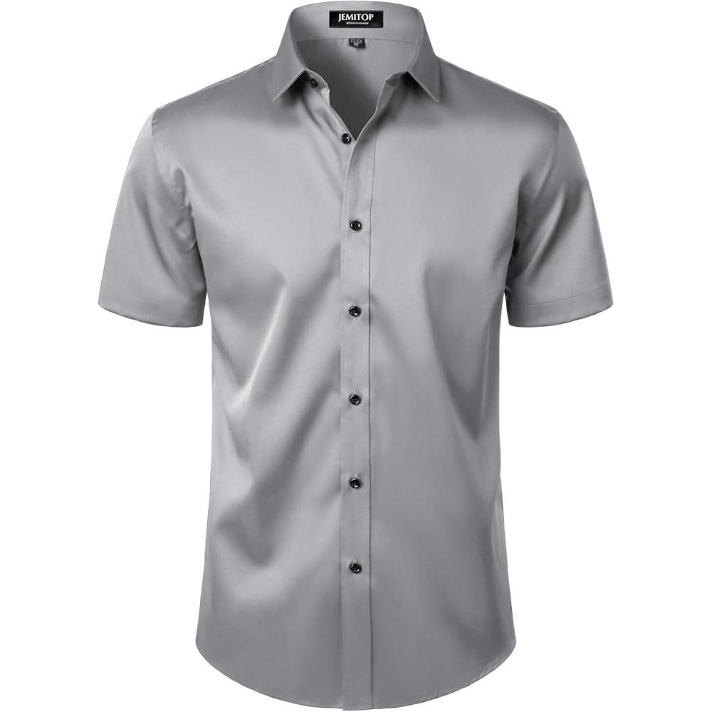imageJEMITOP Mens Stretch Wrinkle Free Dress Shirts Formal Wedding Prom Short Sleeve Slim Fit Button Down ShirtGrey