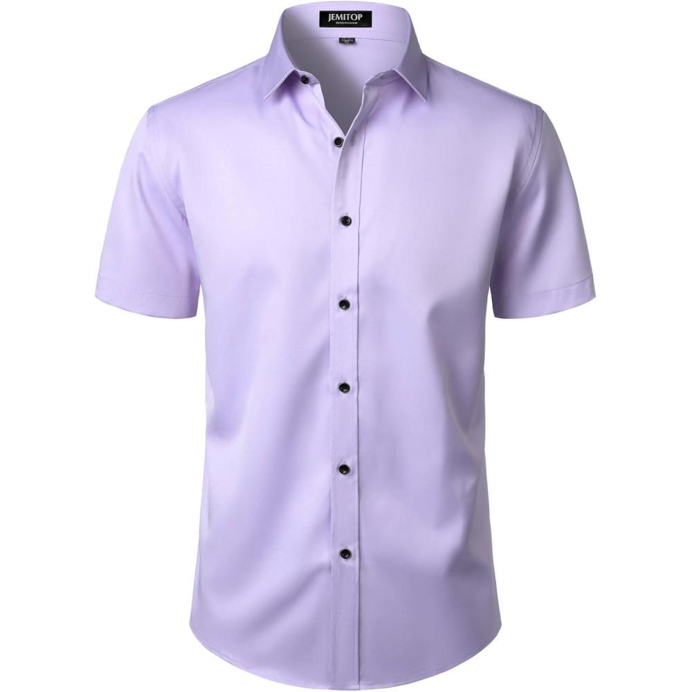 imageJEMITOP Mens Stretch Wrinkle Free Dress Shirts Formal Wedding Prom Short Sleeve Slim Fit Button Down ShirtLavender Purple