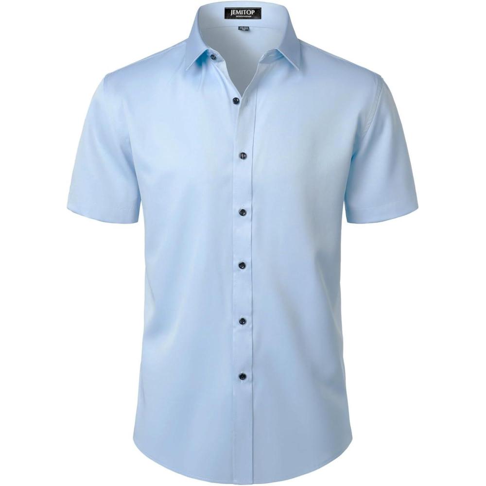 imageJEMITOP Mens Stretch Wrinkle Free Dress Shirts Formal Wedding Prom Short Sleeve Slim Fit Button Down ShirtLight Blue