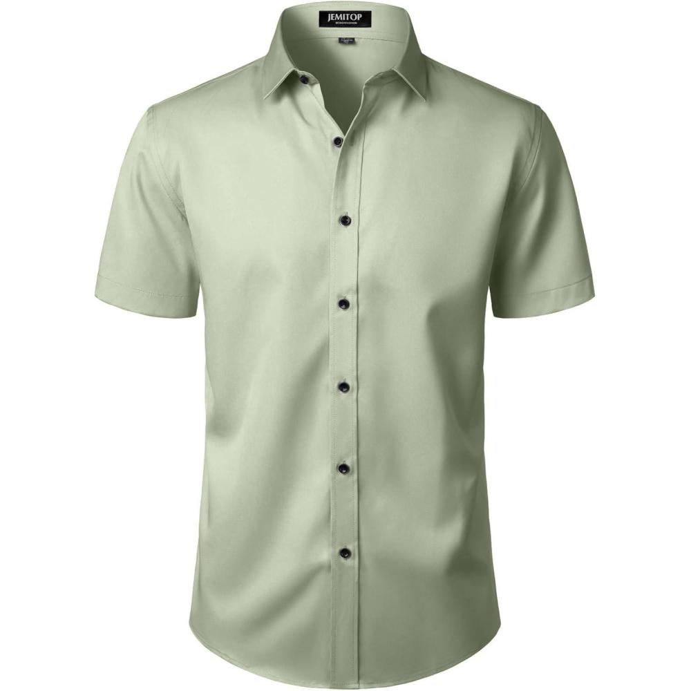 imageJEMITOP Mens Stretch Wrinkle Free Dress Shirts Formal Wedding Prom Short Sleeve Slim Fit Button Down ShirtMint Green