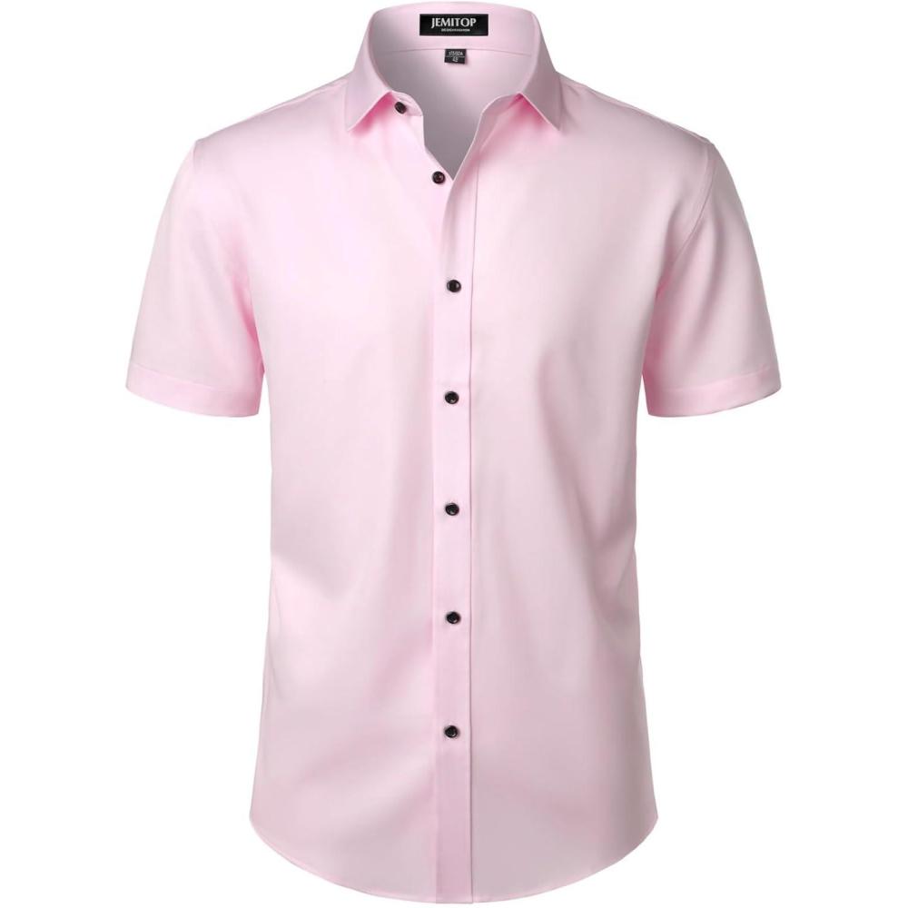 imageJEMITOP Mens Stretch Wrinkle Free Dress Shirts Formal Wedding Prom Short Sleeve Slim Fit Button Down ShirtPink