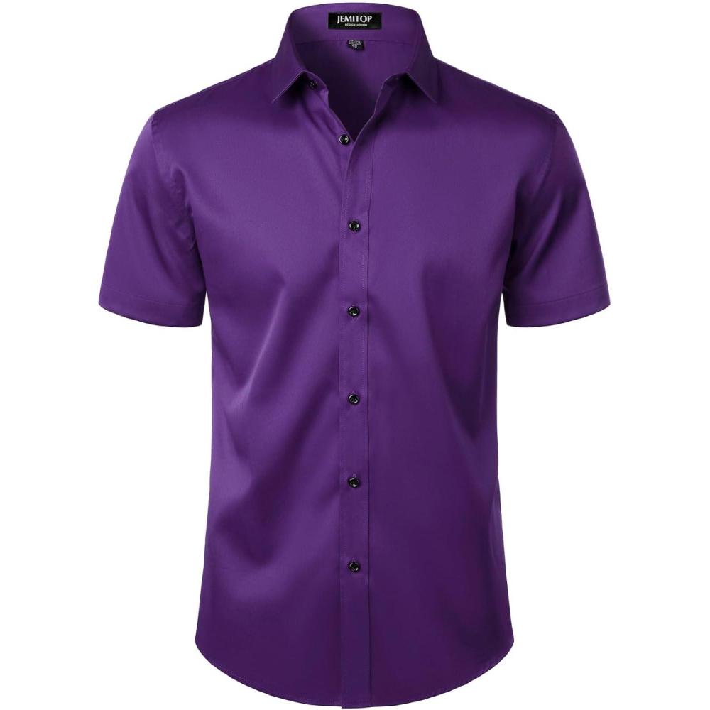 imageJEMITOP Mens Stretch Wrinkle Free Dress Shirts Formal Wedding Prom Short Sleeve Slim Fit Button Down ShirtPurple