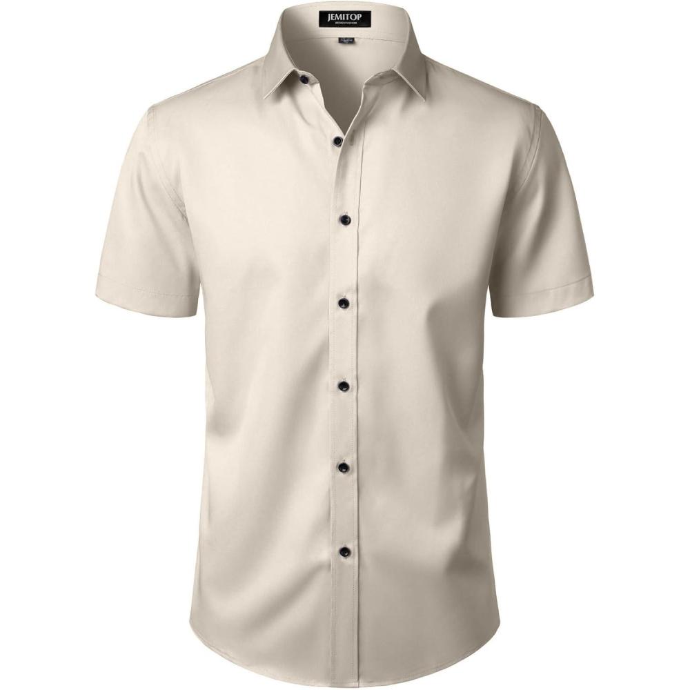 imageJEMITOP Mens Stretch Wrinkle Free Dress Shirts Formal Wedding Prom Short Sleeve Slim Fit Button Down ShirtTan