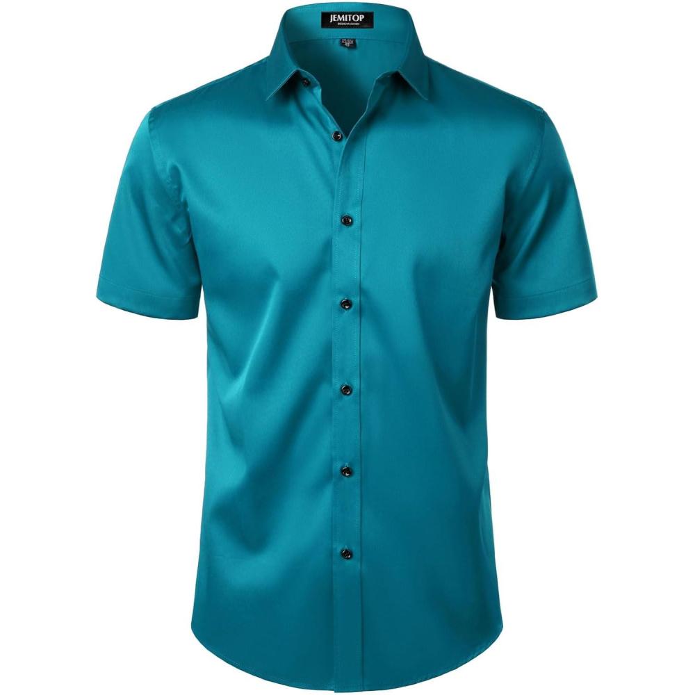 imageJEMITOP Mens Stretch Wrinkle Free Dress Shirts Formal Wedding Prom Short Sleeve Slim Fit Button Down ShirtTeal
