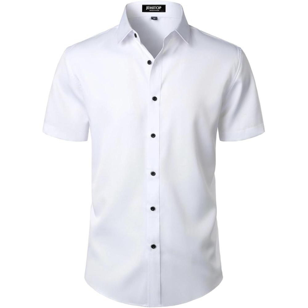 imageJEMITOP Mens Stretch Wrinkle Free Dress Shirts Formal Wedding Prom Short Sleeve Slim Fit Button Down ShirtWhite