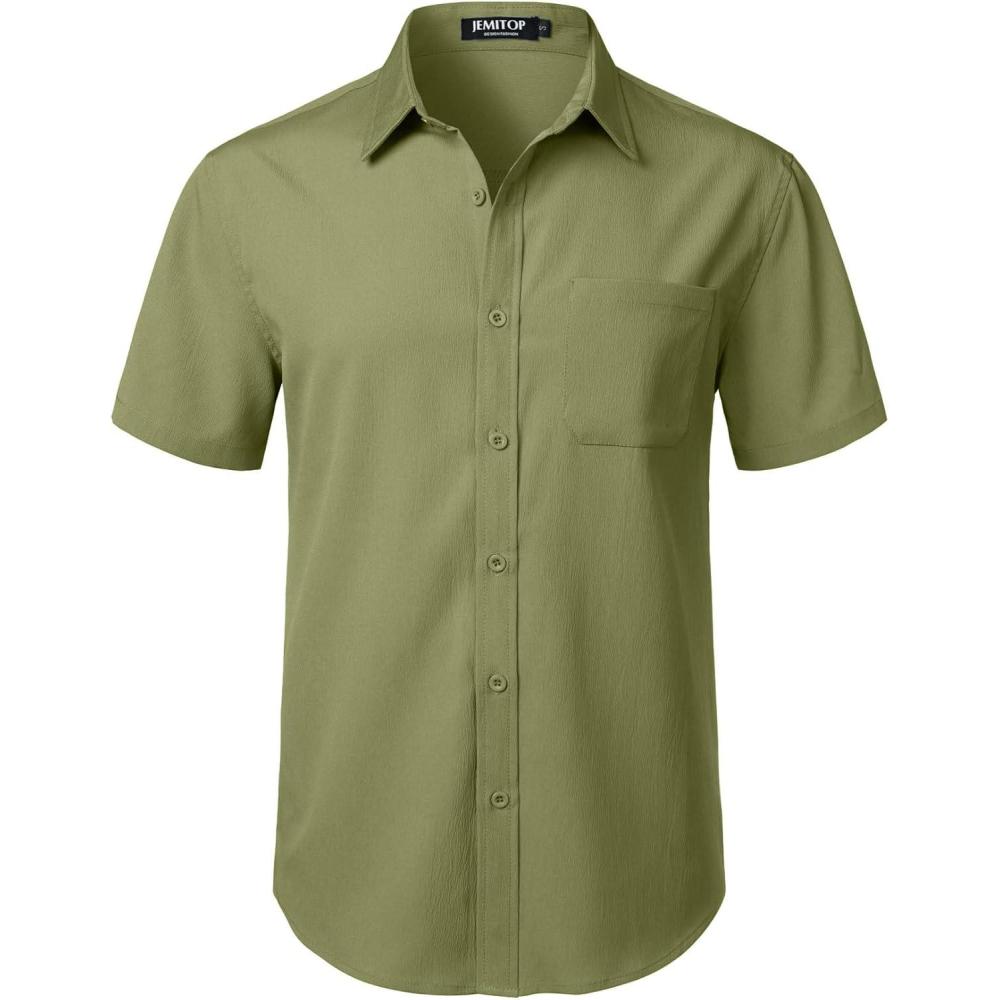 imageJEMITOP Mens Stretch Wrinkle Free Short Sleeve Texture Shirt Lightweight Summer Button Down Shirts for Beach VacationArmy Green