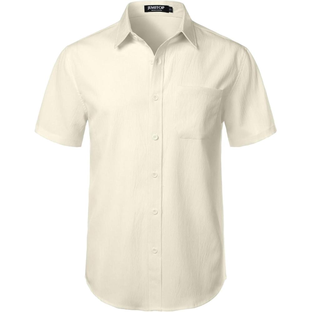 imageJEMITOP Mens Stretch Wrinkle Free Short Sleeve Texture Shirt Lightweight Summer Button Down Shirts for Beach VacationCream White