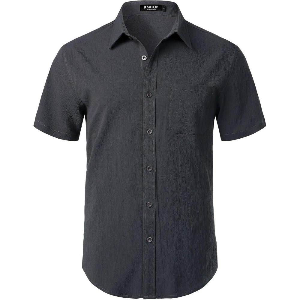 imageJEMITOP Mens Stretch Wrinkle Free Short Sleeve Texture Shirt Lightweight Summer Button Down Shirts for Beach VacationDark Grey