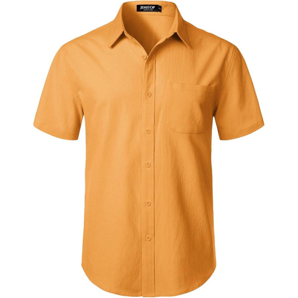 imageJEMITOP Mens Stretch Wrinkle Free Short Sleeve Texture Shirt Lightweight Summer Button Down Shirts for Beach VacationGold