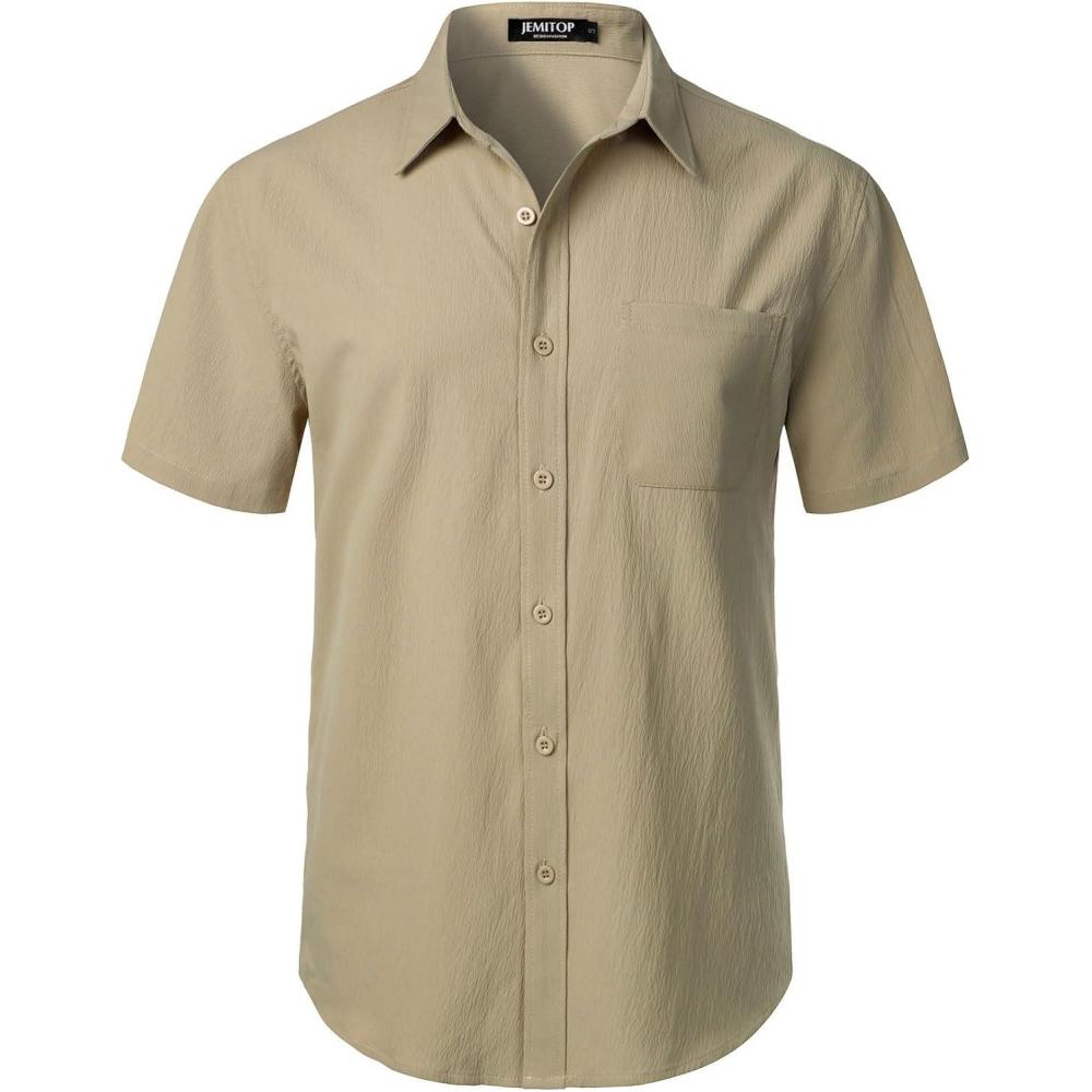 imageJEMITOP Mens Stretch Wrinkle Free Short Sleeve Texture Shirt Lightweight Summer Button Down Shirts for Beach VacationKhaki