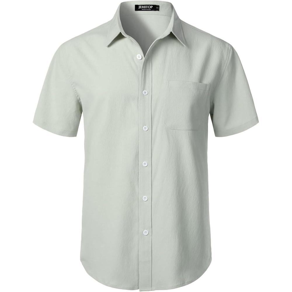 imageJEMITOP Mens Stretch Wrinkle Free Short Sleeve Texture Shirt Lightweight Summer Button Down Shirts for Beach VacationLight Green