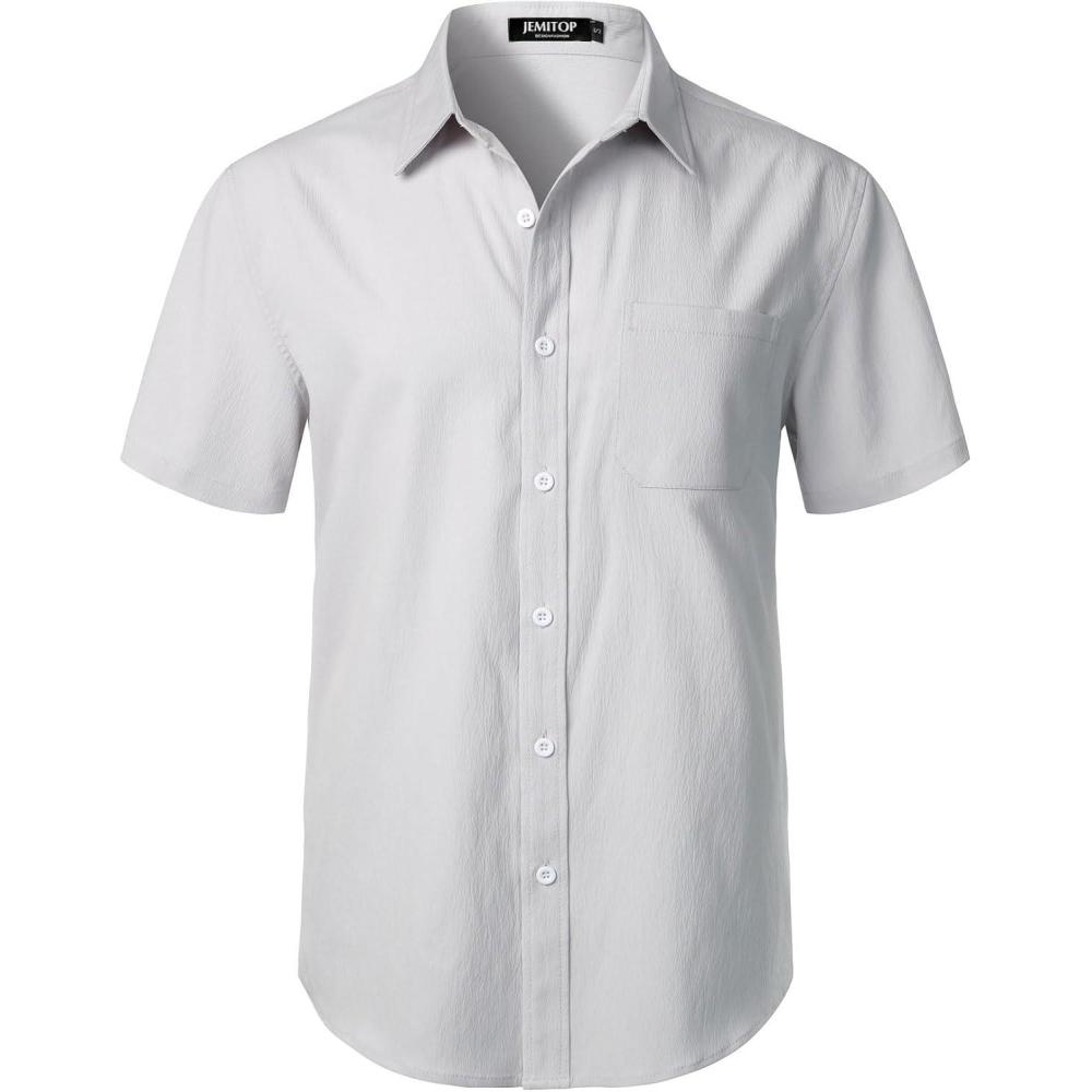 imageJEMITOP Mens Stretch Wrinkle Free Short Sleeve Texture Shirt Lightweight Summer Button Down Shirts for Beach VacationLight Grey