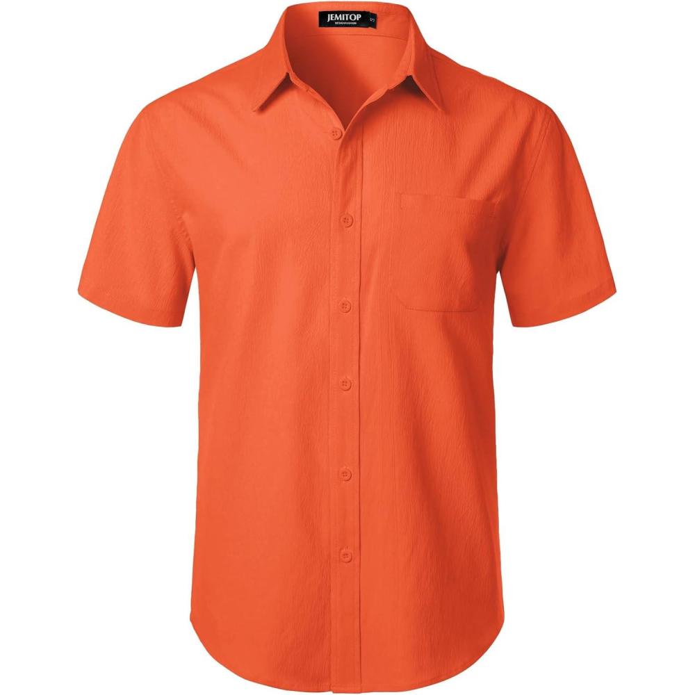 imageJEMITOP Mens Stretch Wrinkle Free Short Sleeve Texture Shirt Lightweight Summer Button Down Shirts for Beach VacationOrange