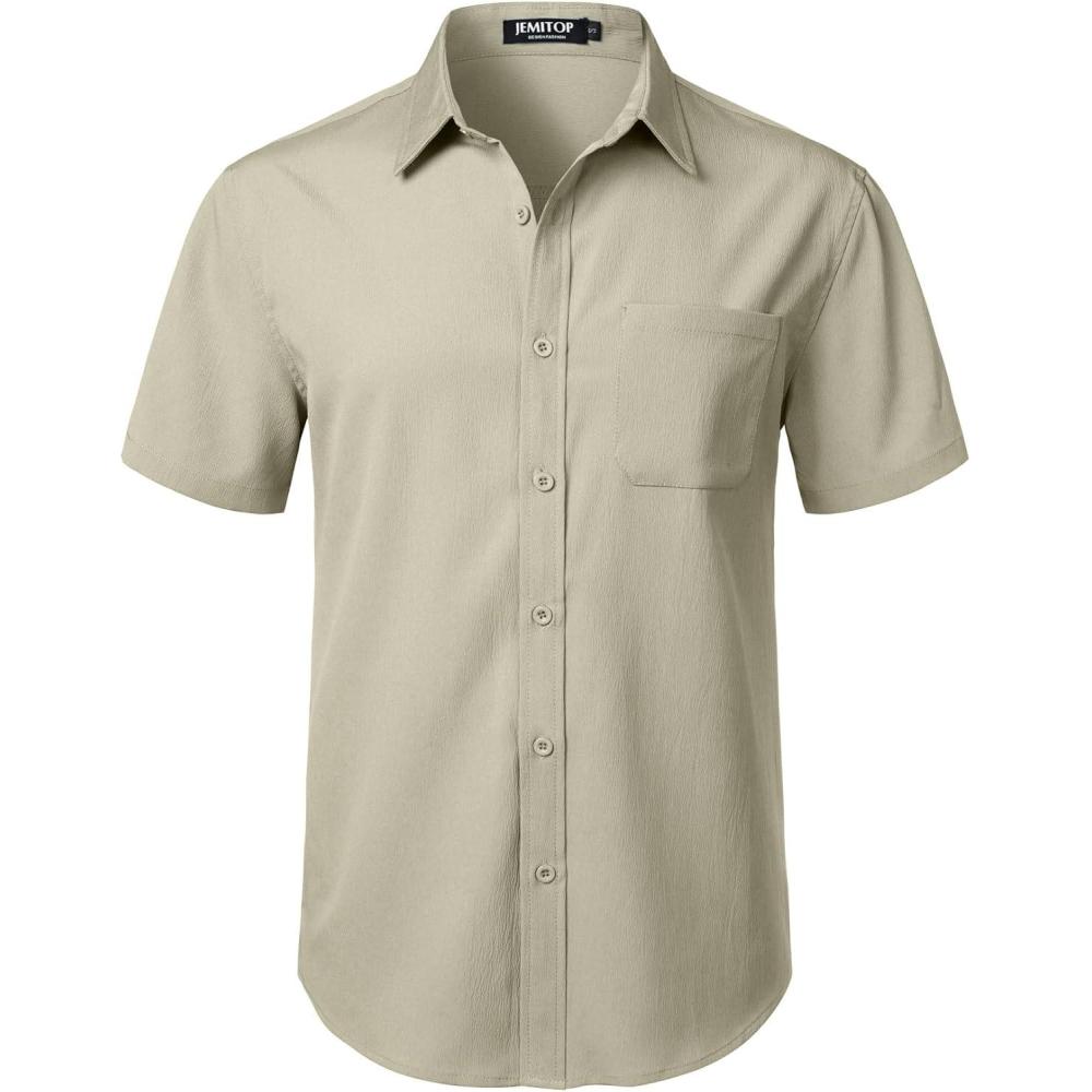 imageJEMITOP Mens Stretch Wrinkle Free Short Sleeve Texture Shirt Lightweight Summer Button Down Shirts for Beach VacationTan