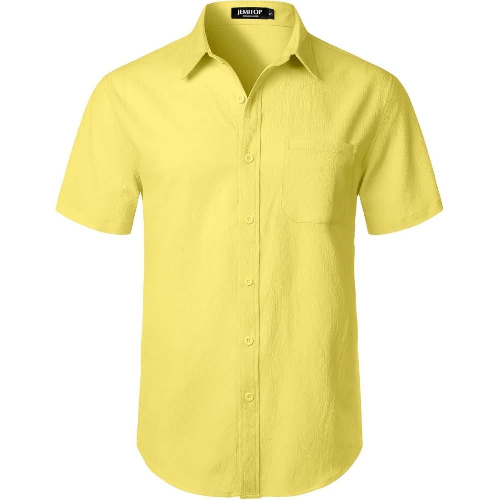 imageJEMITOP Mens Stretch Wrinkle Free Short Sleeve Texture Shirt Lightweight Summer Button Down Shirts for Beach VacationYellow