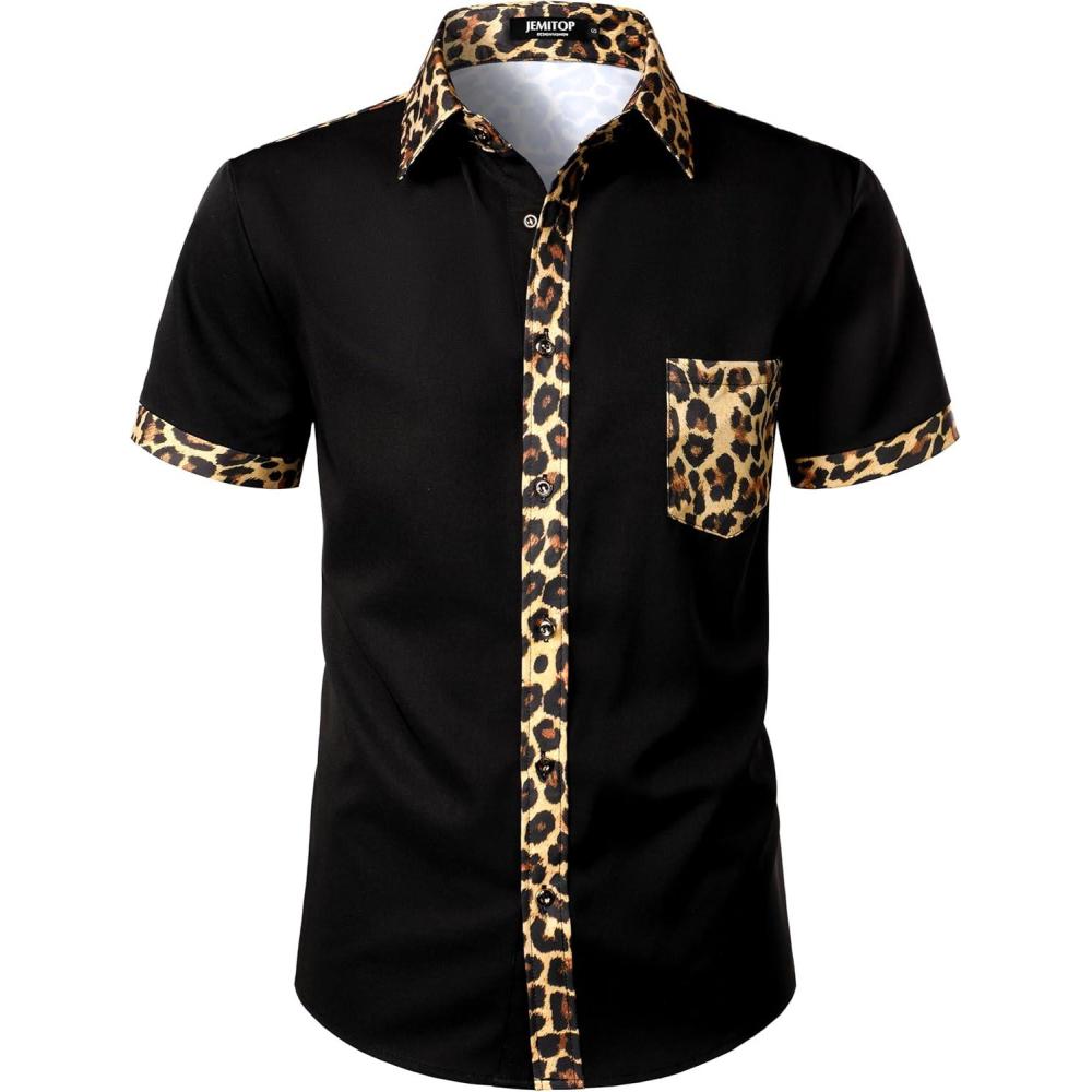 imageJEMITOP Mens Stretchy Causal Leopard Cheetah Print Short Sleeve Slim Fit Button Up ShirtBlack Leopard