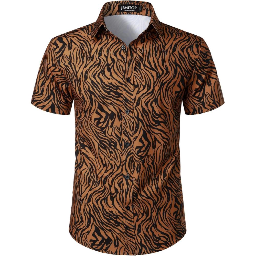 imageJEMITOP Mens Stretchy Causal Leopard Cheetah Print Short Sleeve Slim Fit Button Up ShirtBrown Zebra