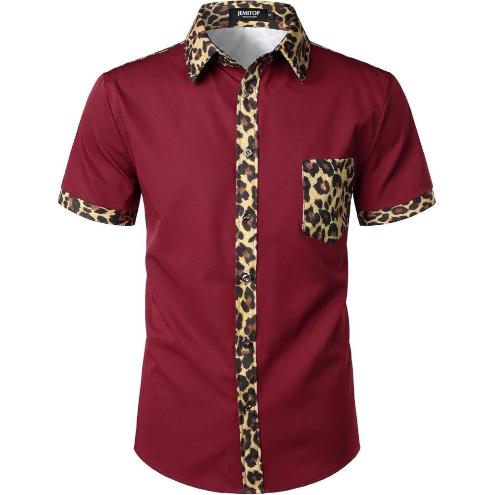 imageJEMITOP Mens Stretchy Causal Leopard Cheetah Print Short Sleeve Slim Fit Button Up ShirtBurgundy Leopard