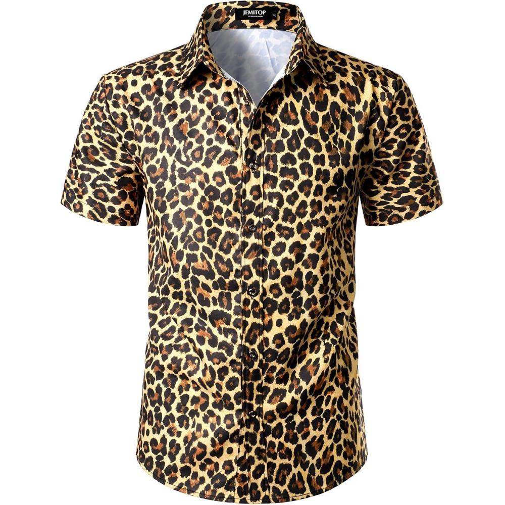 imageJEMITOP Mens Stretchy Causal Leopard Cheetah Print Short Sleeve Slim Fit Button Up ShirtGold