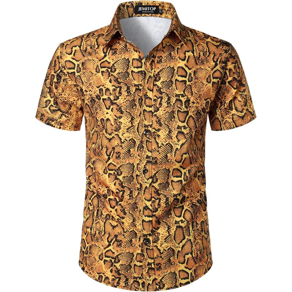 imageJEMITOP Mens Stretchy Causal Leopard Cheetah Print Short Sleeve Slim Fit Button Up ShirtGold Snake
