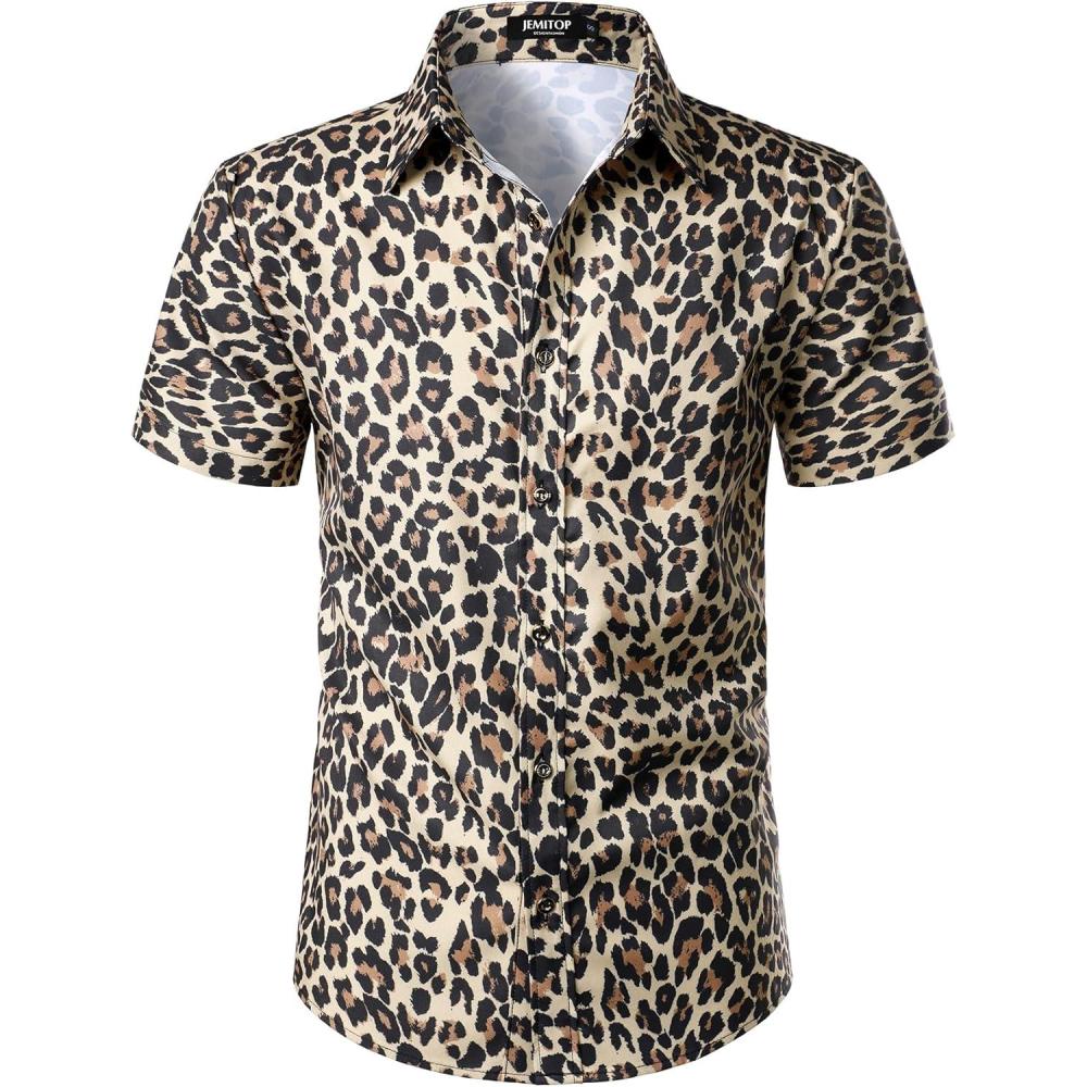 imageJEMITOP Mens Stretchy Causal Leopard Cheetah Print Short Sleeve Slim Fit Button Up ShirtKhaki