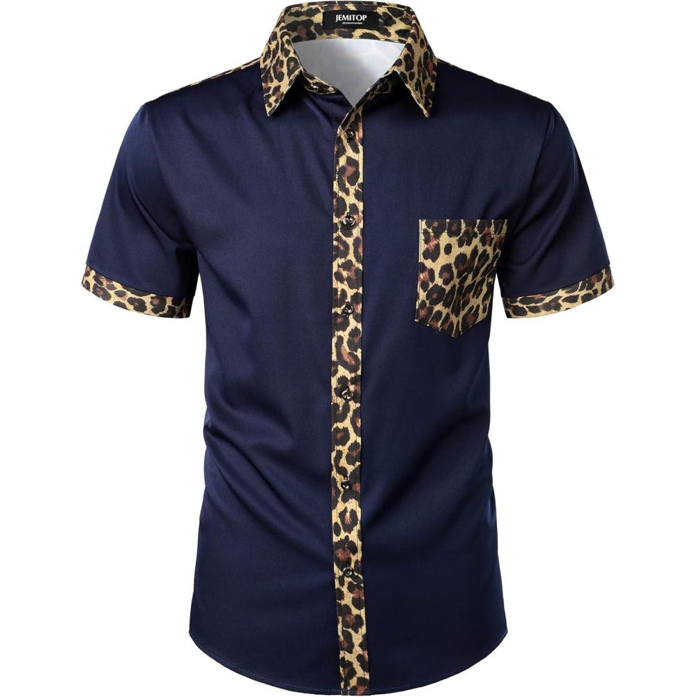 imageJEMITOP Mens Stretchy Causal Leopard Cheetah Print Short Sleeve Slim Fit Button Up ShirtNavy Leopard