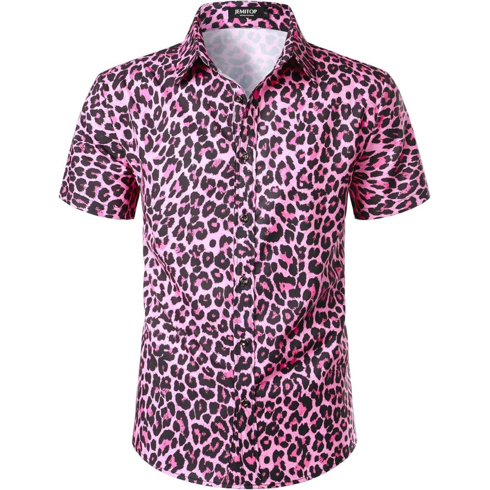 imageJEMITOP Mens Stretchy Causal Leopard Cheetah Print Short Sleeve Slim Fit Button Up ShirtPink