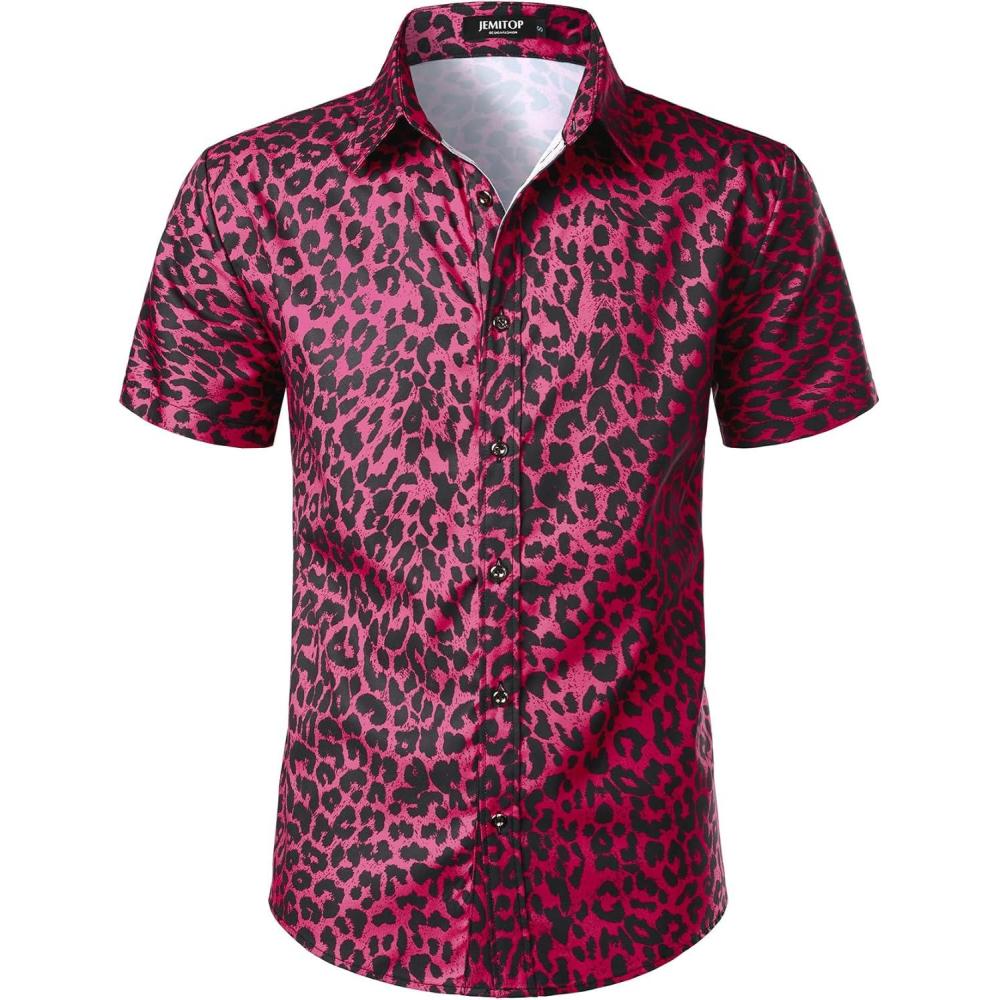 imageJEMITOP Mens Stretchy Causal Leopard Cheetah Print Short Sleeve Slim Fit Button Up ShirtRose