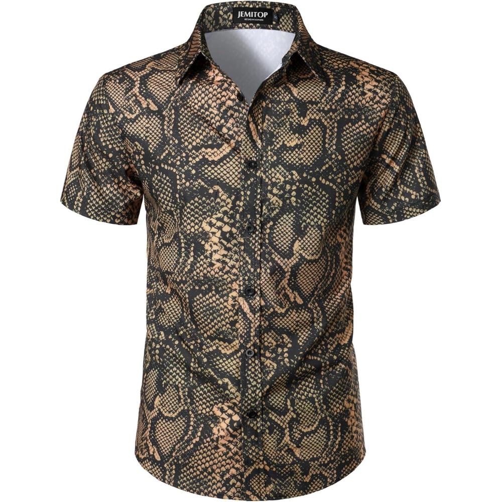 imageJEMITOP Mens Stretchy Causal Leopard Cheetah Print Short Sleeve Slim Fit Button Up ShirtSnake