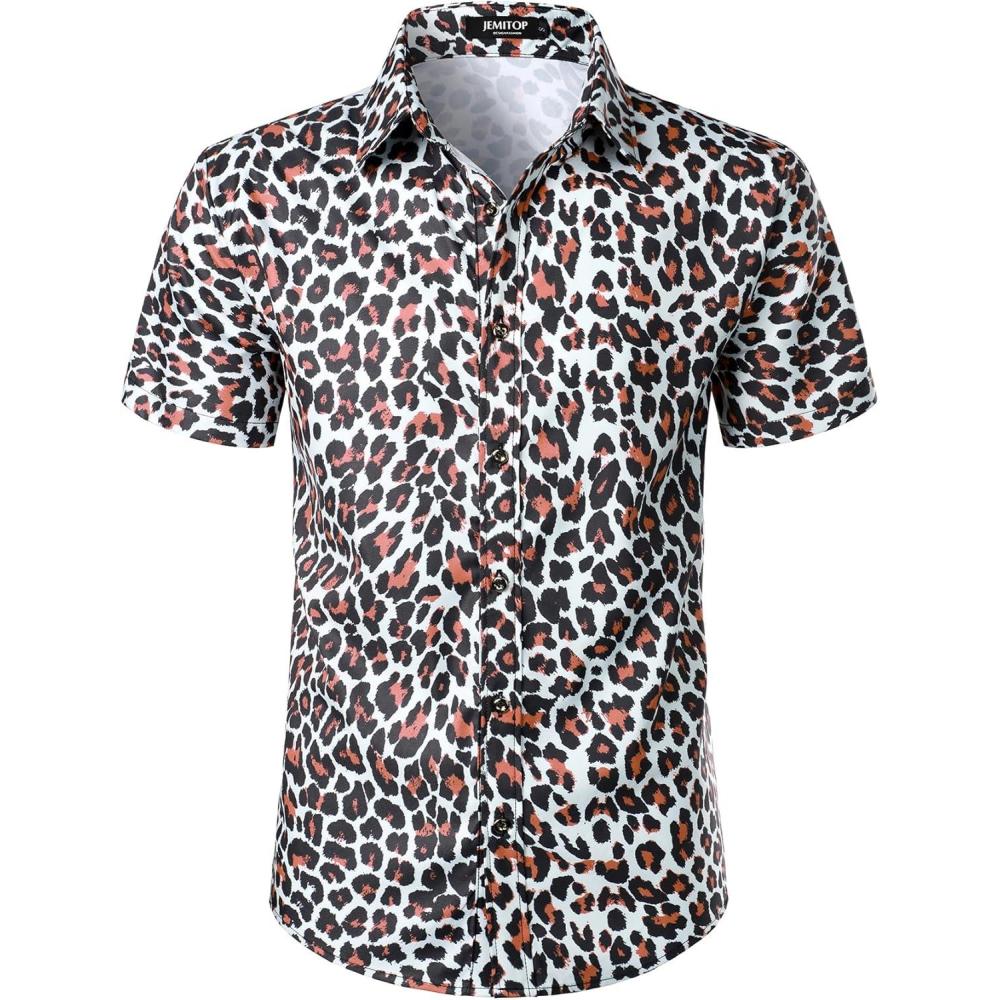 imageJEMITOP Mens Stretchy Causal Leopard Cheetah Print Short Sleeve Slim Fit Button Up ShirtWhite