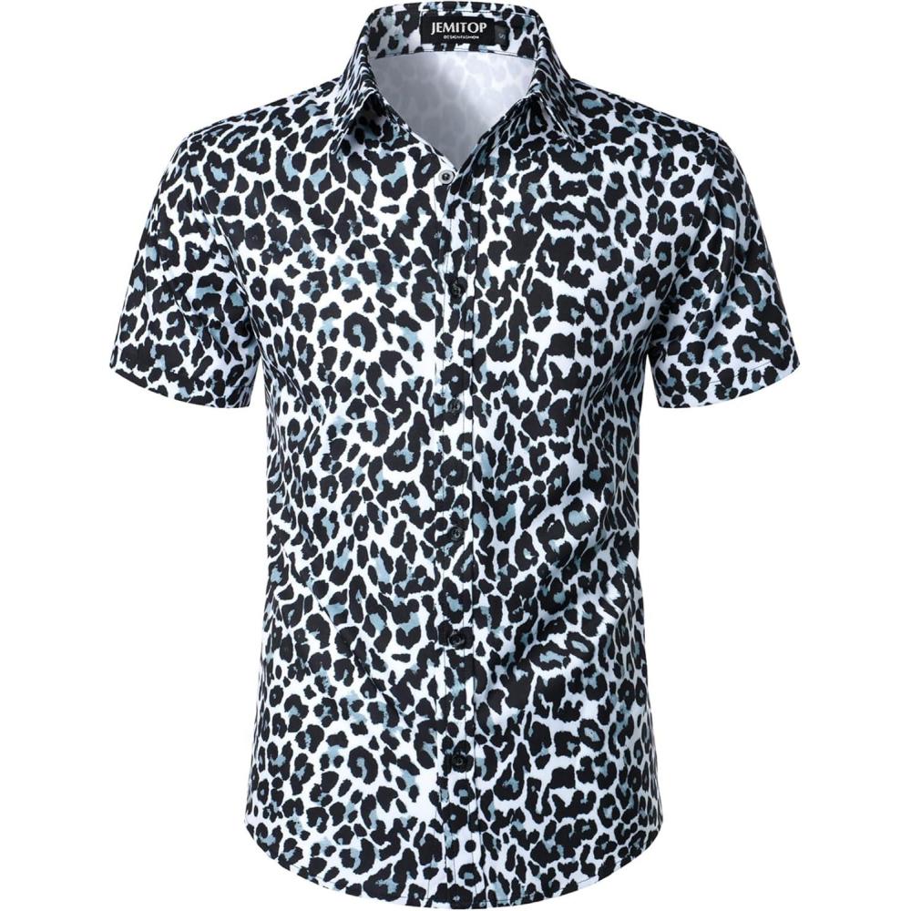 imageJEMITOP Mens Stretchy Causal Leopard Cheetah Print Short Sleeve Slim Fit Button Up ShirtWhite Gray