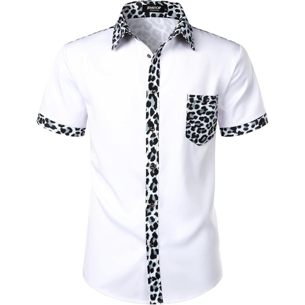 imageJEMITOP Mens Stretchy Causal Leopard Cheetah Print Short Sleeve Slim Fit Button Up ShirtWhite Leopard