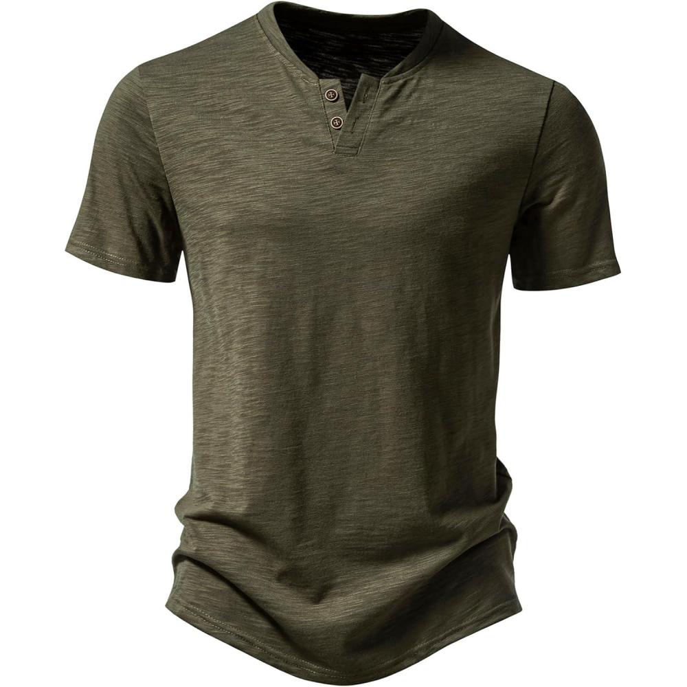 imageJEMITOP Mens Stretchy Short Sleeve Henley TShirt Casual Cotton 2 Buttons Notch Neck Tee ShirtsArmy Green