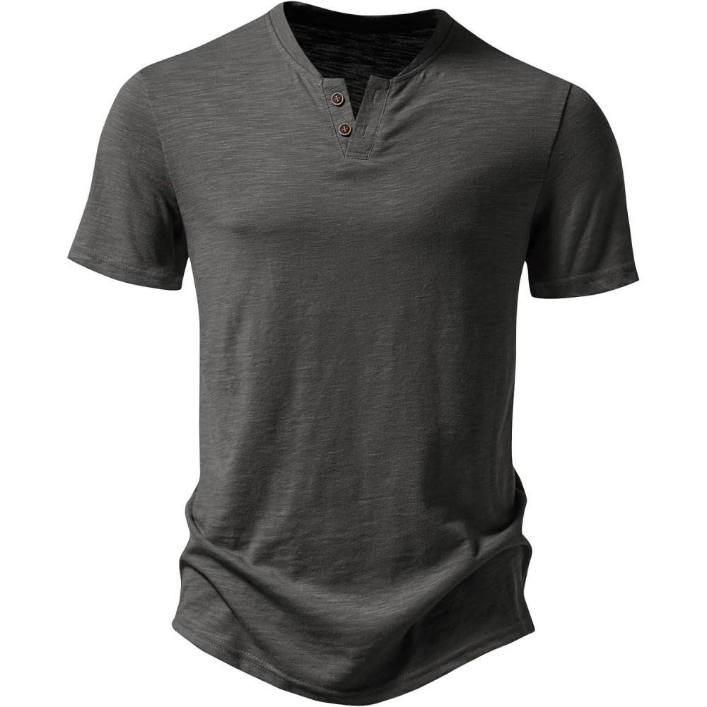 imageJEMITOP Mens Stretchy Short Sleeve Henley TShirt Casual Cotton 2 Buttons Notch Neck Tee ShirtsGrey