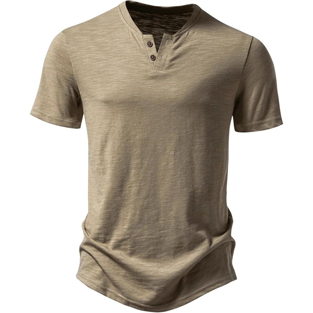 imageJEMITOP Mens Stretchy Short Sleeve Henley TShirt Casual Cotton 2 Buttons Notch Neck Tee ShirtsKhaki