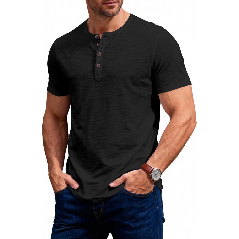 imageJEMITOP Mens Stretchy Short Sleeve Slim Fit Henley TShirt Casual Cotton 4 Buttons Tee ShirtsBlack
