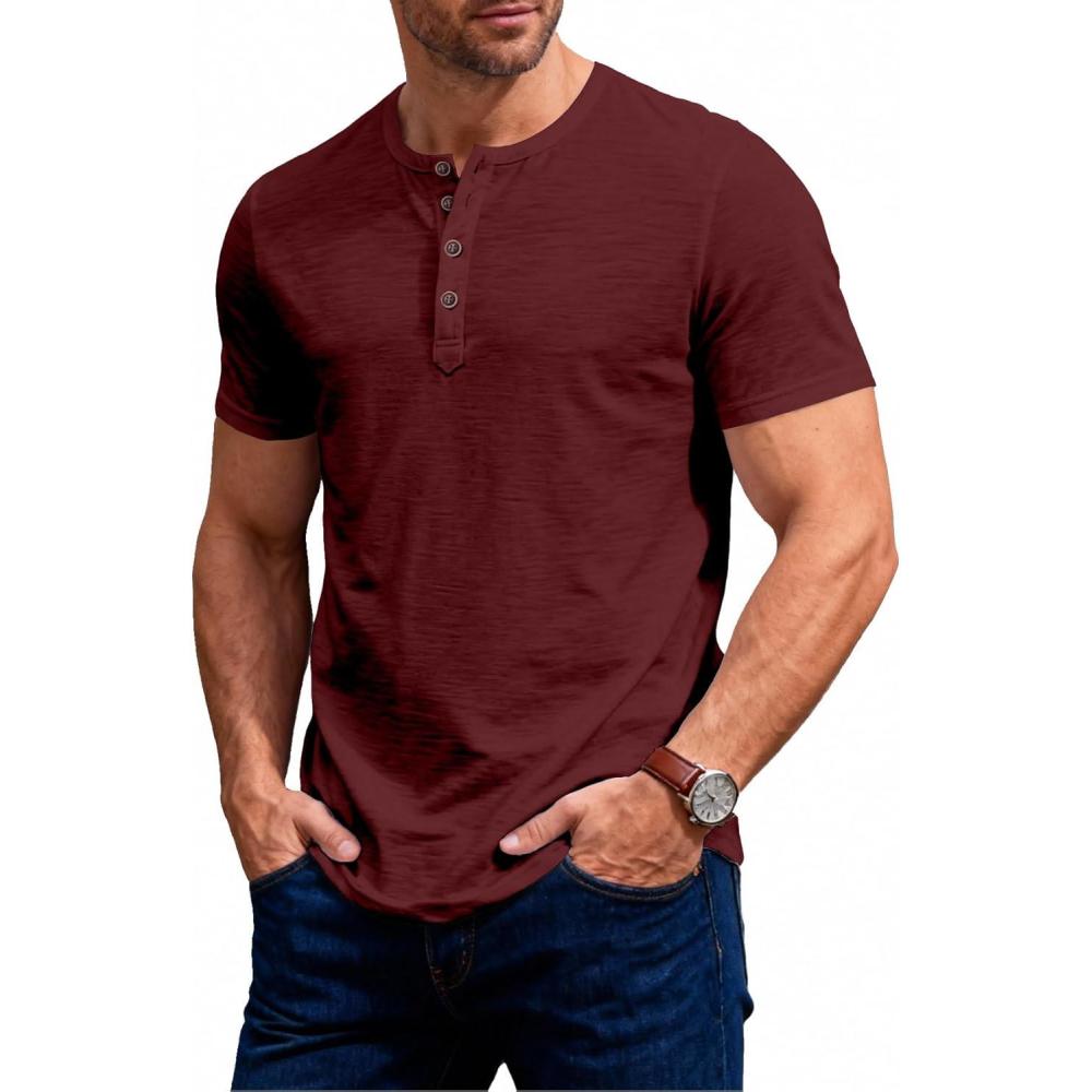 imageJEMITOP Mens Stretchy Short Sleeve Slim Fit Henley TShirt Casual Cotton 4 Buttons Tee ShirtsBurgundy