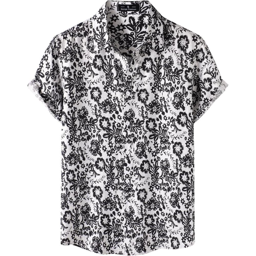 imageJEMITOP Mens Stylish Casual Printed Short Sleeve Button Down Shirts Summer Vacation Beach Tropical Hawaiian ShirtBlack Floral