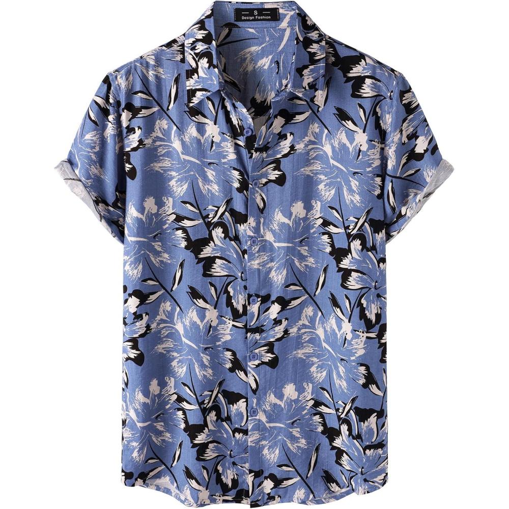 imageJEMITOP Mens Stylish Casual Printed Short Sleeve Button Down Shirts Summer Vacation Beach Tropical Hawaiian ShirtBlue Floral